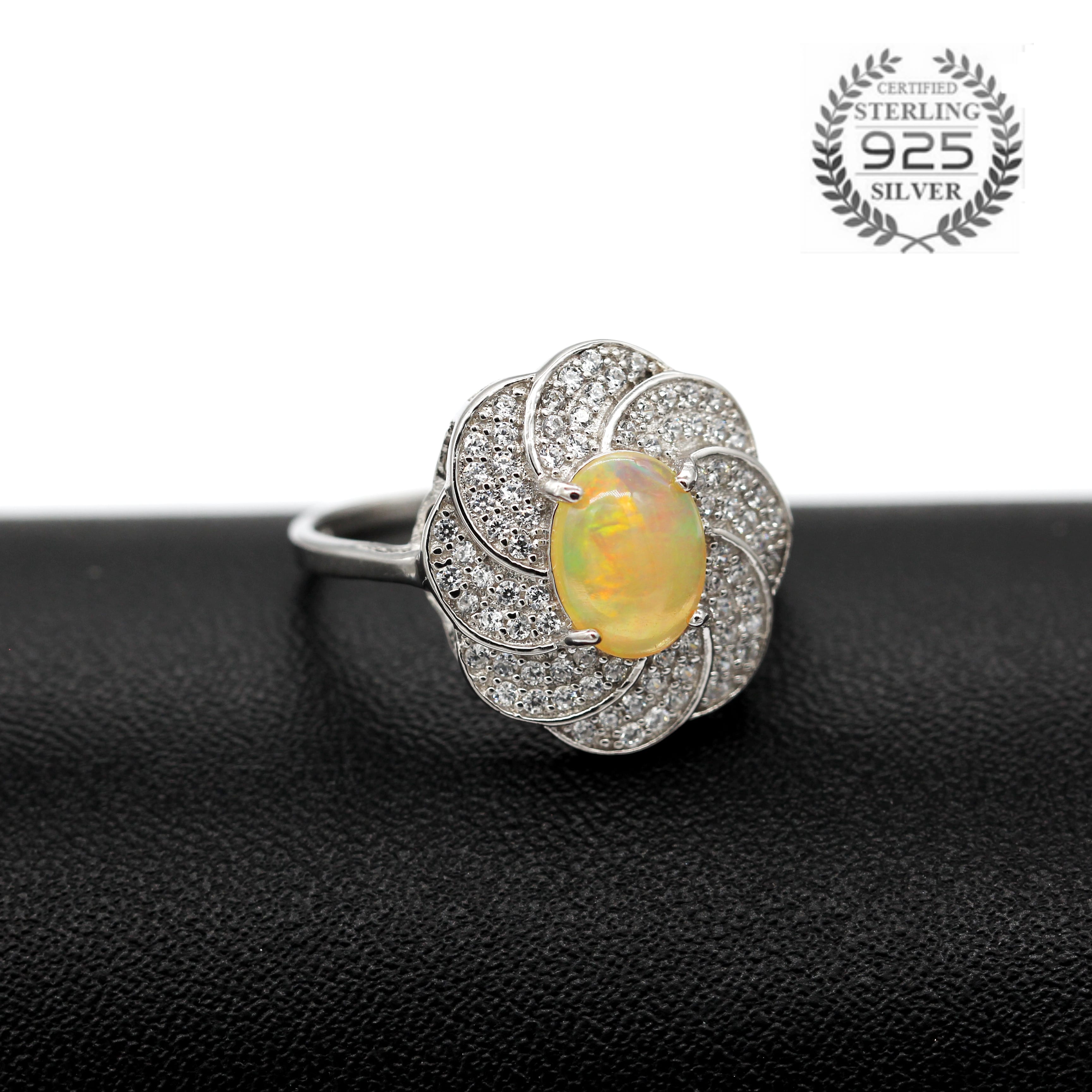 925 Sterling Silver Natural Fire Opal Ring Women with Gemstone Certificate