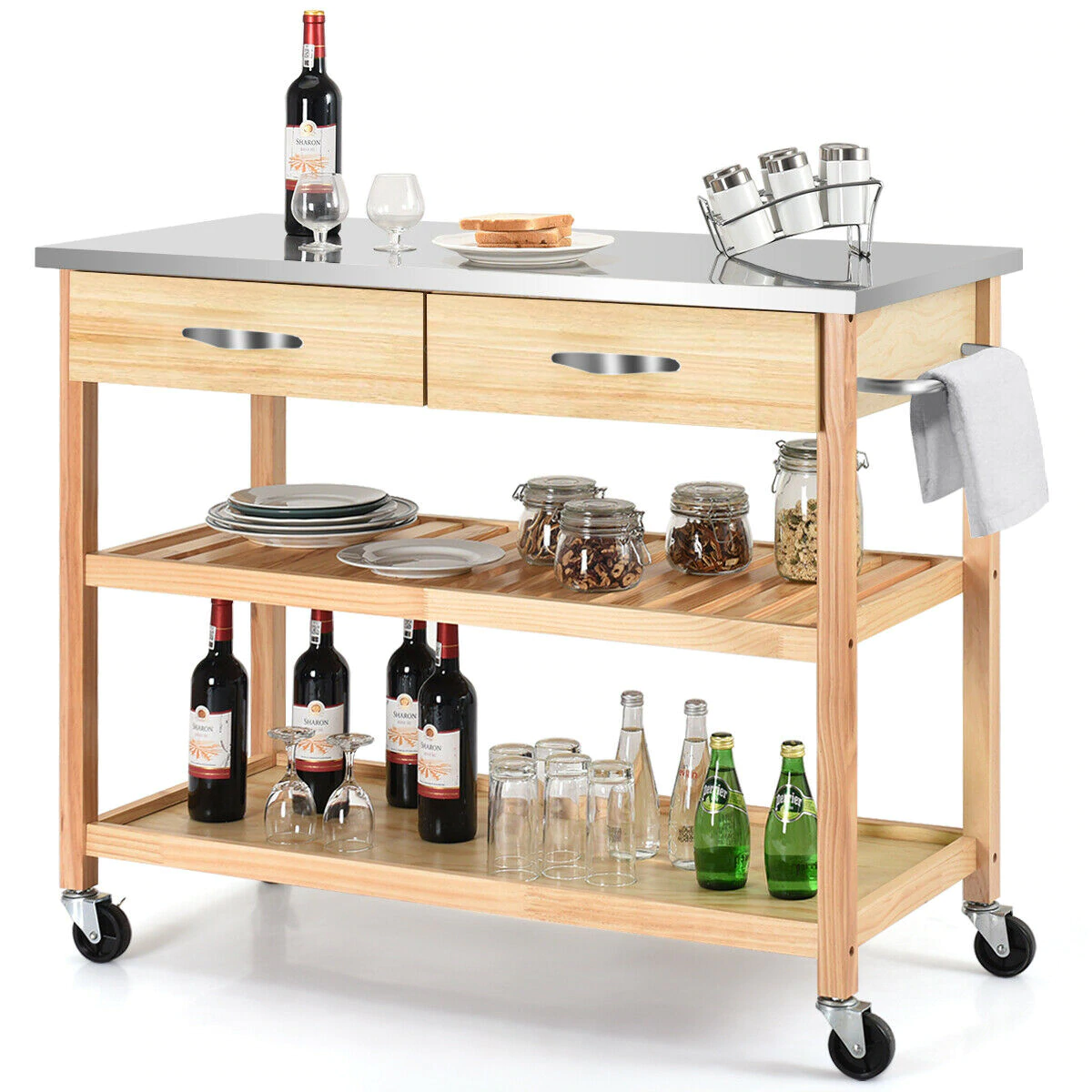 Rolling Portable Kitchen Island with Stainless Steel Countertop